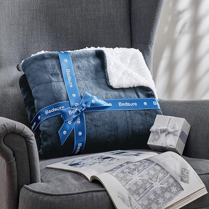 Bedsure GentleSoft Sherpa Fleece Blankets Queen Size for Bed - Thick and Warm Throw for Women and Men, Soft Fuzzy Plush Queen Blanket for Winter, Non-Heated, Slate Blue, 90x90 Inches