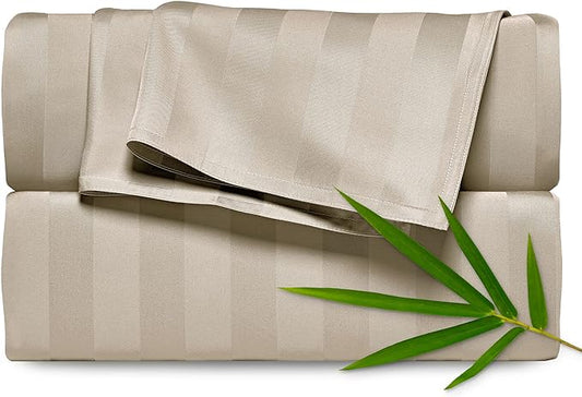 Pure Bamboo Split King Sheets, Genuine 100% Organic Viscose Derived from Bamboo Bed Sheet Set, Soft & Cooling, Double Stitching, 2 Fitted Sheets (Split King, Jacquard Sand)