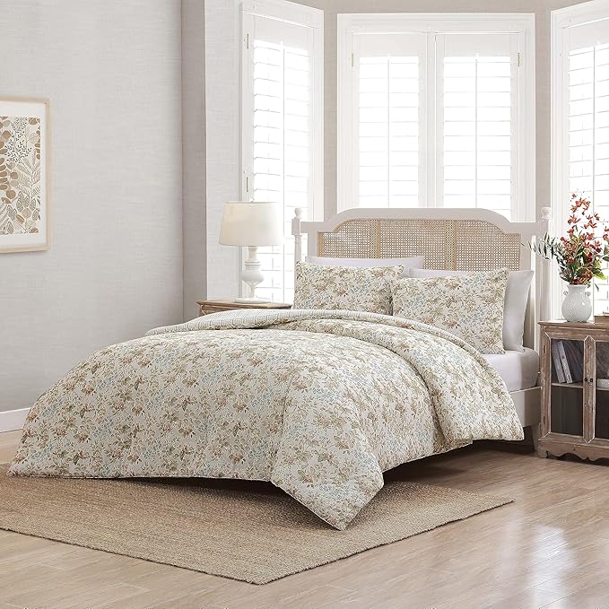 Laura Ashley - King Comforter Set, Reversible Cotton Bedding with Matching Shams, Floral Home Decor with Plaid Reverse (Bramble Floral Beige, King)