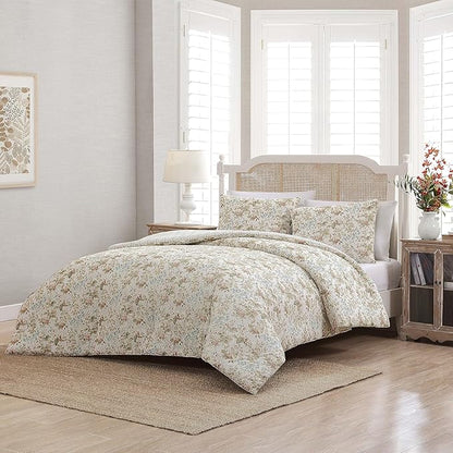 Laura Ashley - Twin Comforter Set, Reversible Cotton Bedding with Matching Sham, Floral Home Decor with Plaid Reverse (Bramble Floral Beige, Twin)