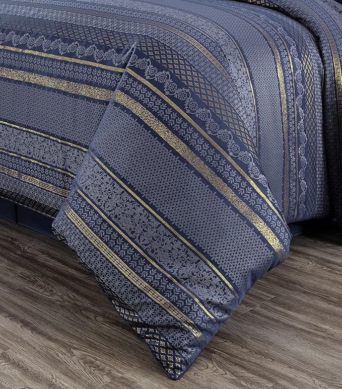 Chezmoi Collection Rio 7-Piece King Jacquard Comforter Set - Blue Gold Floral Geometric Damask Woven Bedding Set