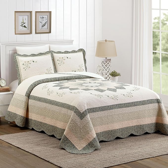 Modern Heirloom Harper Green Floral Embroidered Quilted Bedspread - Lightweight Breathable All Seasons Bedding, King Size