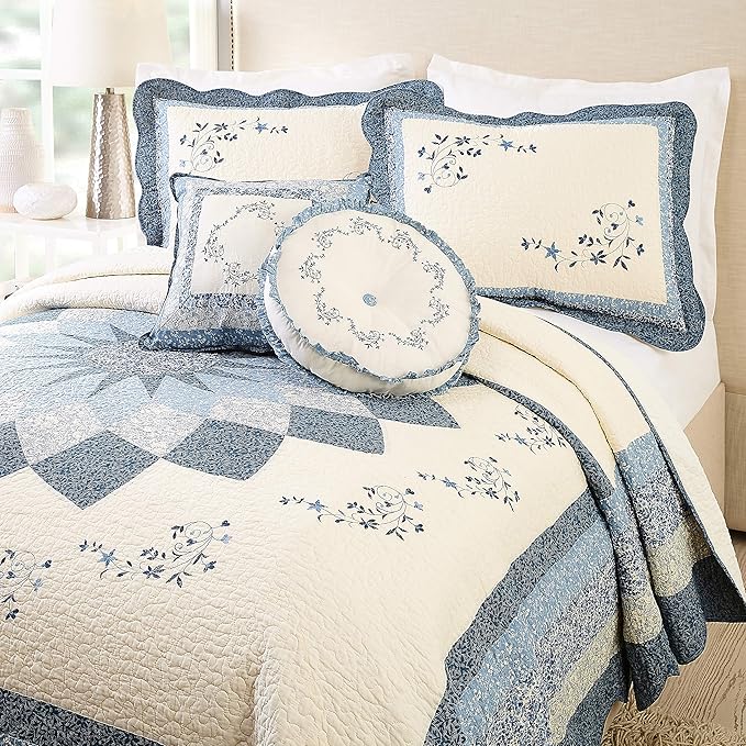 Modern Heirloom Blue Floral Embroidered Round Decorative Pillow, 14" Round
