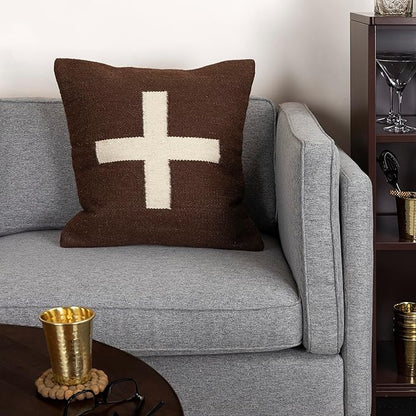 Creative Co-Op Swiss Cross Cotton Wool Throw Pillow, Brown