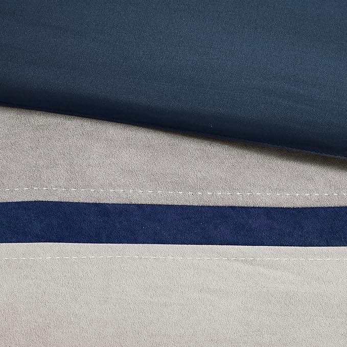 Madison Park Palisades Comforter Set Modern Faux Suede Pieced Stripe Design, All Season Down Alternative Cozy Bedding with Matching Shams, Decorative Pillows, King(104"x92"), Blue 7 Piece