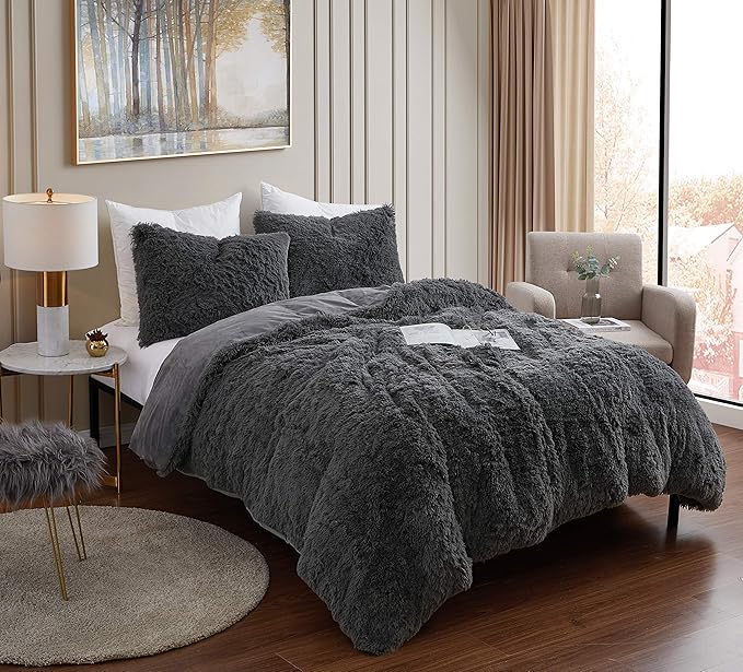 Plush Shaggy Comforter Set Ultra Soft Luxurious Faux Fur Decorative Fluffy Crystal Velvet Bedding with 2 Shams, Queen, Dark Gray