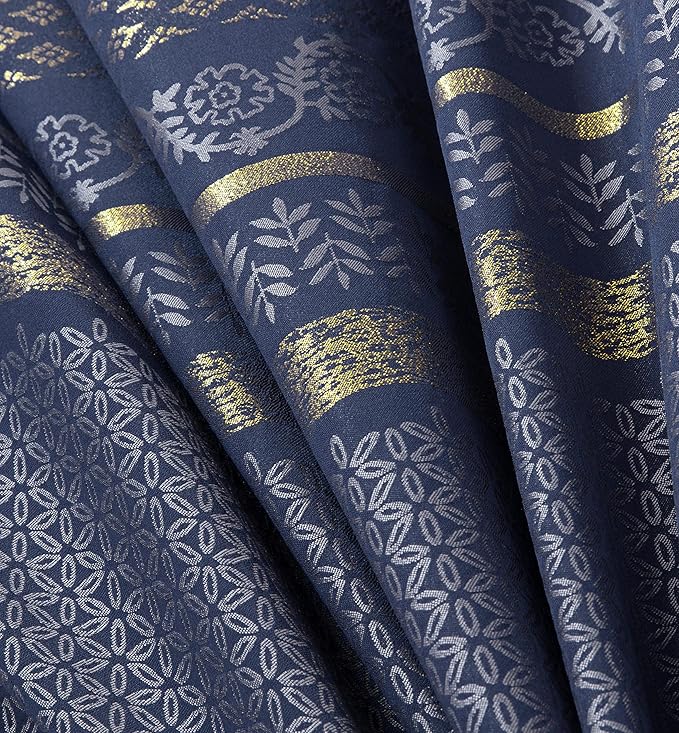 Chezmoi Collection Rio 7-Piece King Jacquard Comforter Set - Blue Gold Floral Geometric Damask Woven Bedding Set