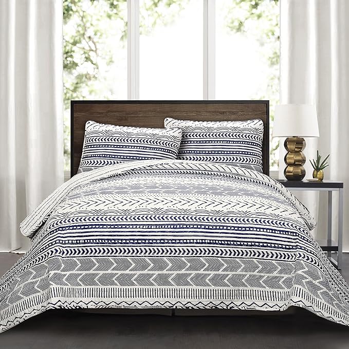 Lush Decor Hygge Geo Pattern Striped 3 Piece Quilt Bedding Set, King, Navy & White