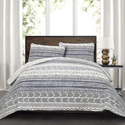 Lush Decor Hygge Geo Pattern Striped 3 Piece Quilt Bedding Set, King, Navy & White