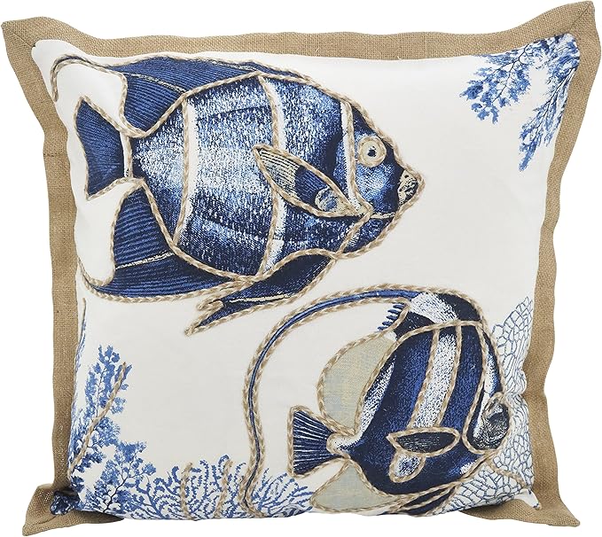 SARO LIFESTYLE Neptunian Coastal Throw Pillow – 20” x 20”, Woven Cotton Cover with Jute Trim, Zipper Closure, Down & Feather Insert – Fish, Navy Blue