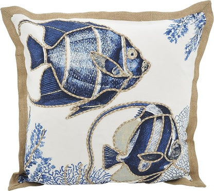 SARO LIFESTYLE Neptunian Coastal Throw Pillow – 20” x 20”, Woven Cotton Cover with Jute Trim, Zipper Closure, Down & Feather Insert – Fish, Navy Blue