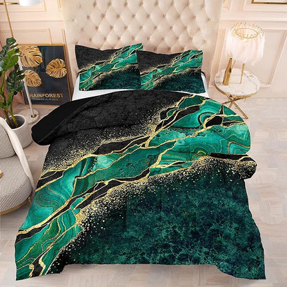Tailor Shop Black Green and Gold Bedding Sets Full Size for Women Girls Color Ripple Printed Marble Comforter Set with 1 Comforter 2 Pillowcases…