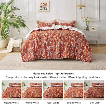 Bedsure King Comforter Set - Terracotta Bed Set, 3 Pieces Cute Floral Bedding, 1 Soft Reversible Botanical Flowers Comforter and 2 Pillow Shams