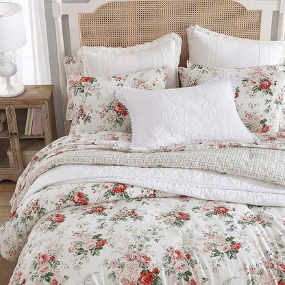 Laura Ashley - Queen Comforter Set, Reversible Brushed Cotton Flannel Bedding with Matching Shams, Luxuriously Soft & Warm Home Decor (Ashfield Red, Queen)