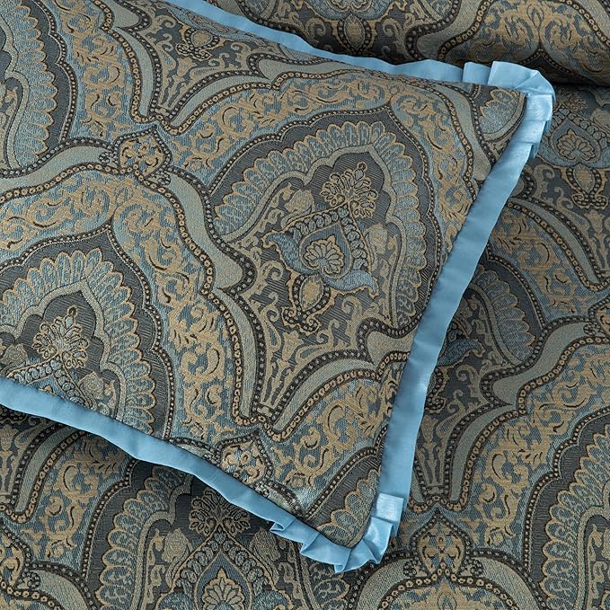 Chezmoi Collection Pierre Comforter Set California King Size, 7-Piece Blue Gold Medallion Paisley Jacquard Bedding Set