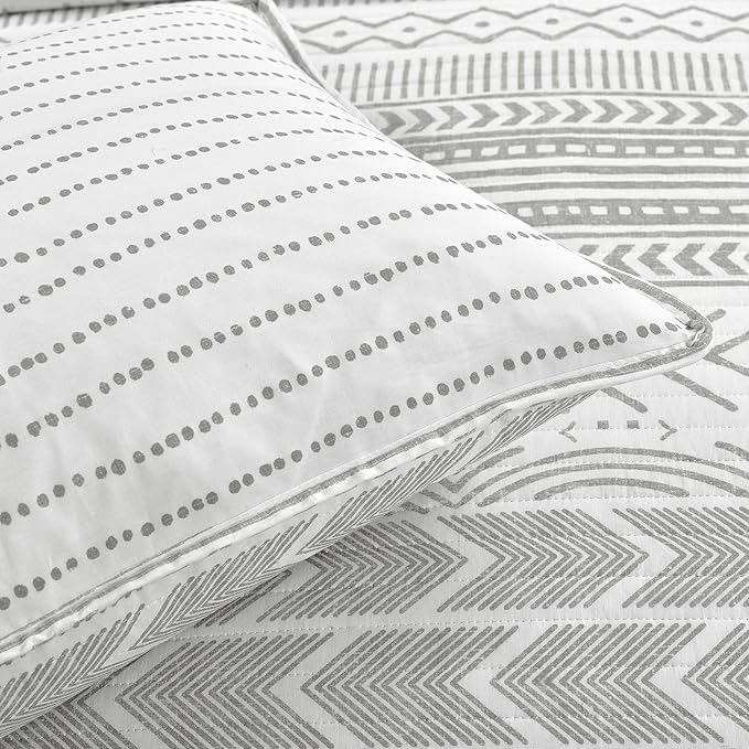 Lush Decor Hygge Geo Pattern Striped 3 Piece Quilt Bedding Set, King, Gray & White