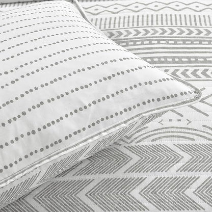 Lush Decor Hygge Geo Pattern Striped 3 Piece Quilt Bedding Set, King, Gray & White