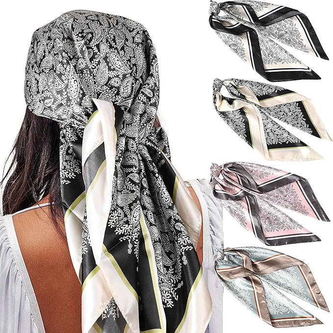 AWAYTR 35” Satin Large Square Head Scarves - 4PCS Silk Like Neck Scarf Hair Sleeping Wraps Satin Silk Scarfs for Women