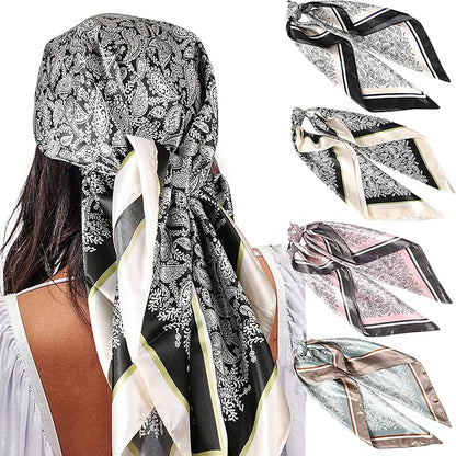 AWAYTR 35” Satin Large Square Head Scarves - 4PCS Silk Like Neck Scarf Hair Sleeping Wraps Satin Silk Scarfs for Women