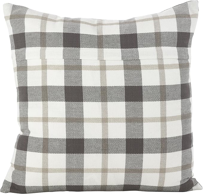 SARO LIFESTYLE Classic Plaid Pattern Cotton Down Filled Throw Pillow, 20" x 20", Grey