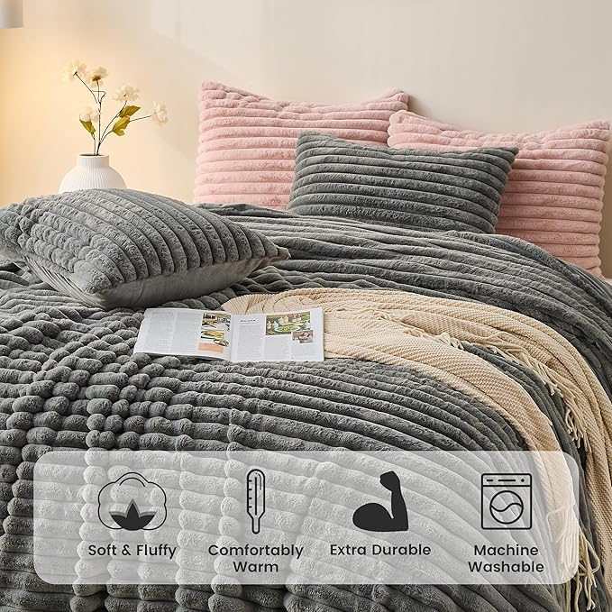 Simple&Opulence Fluffy Faux Fur Comforter Set, Plush Fuzzy Minky Bedding Set, 3 Pieces Warm Soft Comforter Bedding Set for Winter - 1 Shaggy Comforter with 2 Pillow Shams(Queen, Striped - Dark Grey)