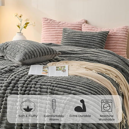 Simple&Opulence Fluffy Faux Fur Comforter Set, Plush Fuzzy Minky Bedding Set, 3 Pieces Warm Soft Comforter Bedding Set for Winter - 1 Shaggy Comforter with 2 Pillow Shams(King, Striped - Dark Grey)