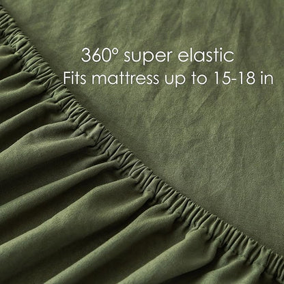 7 Piece Solid Softness King Bed Sets with Sheets and Comforter, Elegant Natural Polycotton Bed in a Bag with 16" Pocket Fitted Flat Sheet Pillow Case Lightweight All Season, Olive Green King