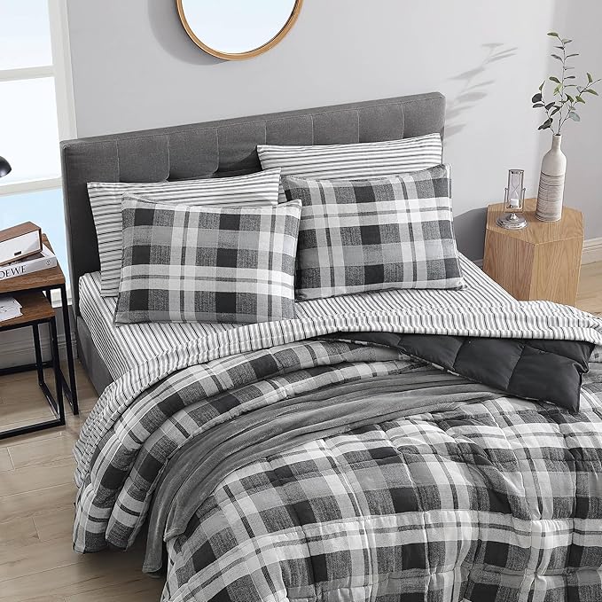 Nautica - Queen Comforter Set, Reversible Bedding with Matching Shams, Microsuede with Sherpa Reverse, Oek-Tex Certified (Crossview Plaid Charcoal)