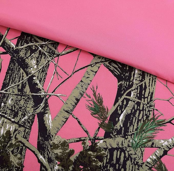 Chezmoi Collection Salem 3-Piece Cabin Lodge Forest Woods Comforter Set - Nature Camo Tree Leaves Printed Soft Microfiber Bedding - Pink, Queen