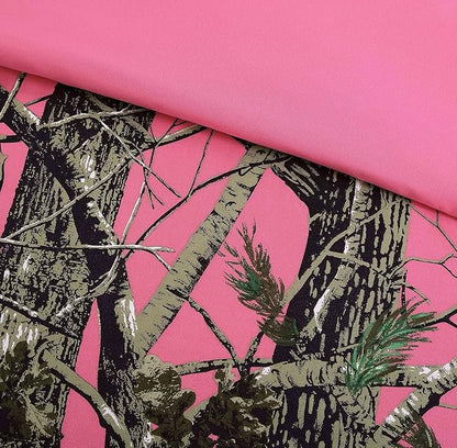 Chezmoi Collection Salem 3-Piece Cabin Lodge Forest Woods Comforter Set - Nature Camo Tree Leaves Printed Soft Microfiber Bedding - Pink, Queen