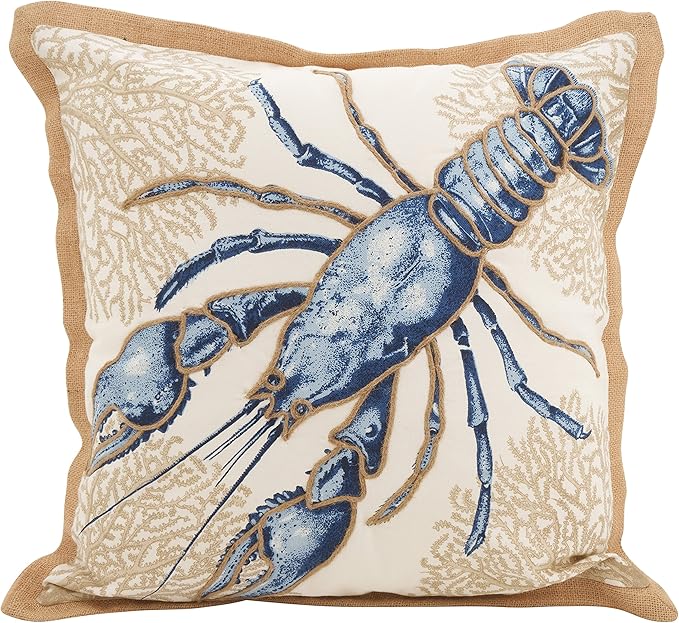 SARO LIFESTYLE Neptunian Coastal Throw Pillow – 20” x 20”, Woven Cotton Cover with Jute Trim, Zipper Closure, Down & Feather Insert – Lobster, Navy Blue