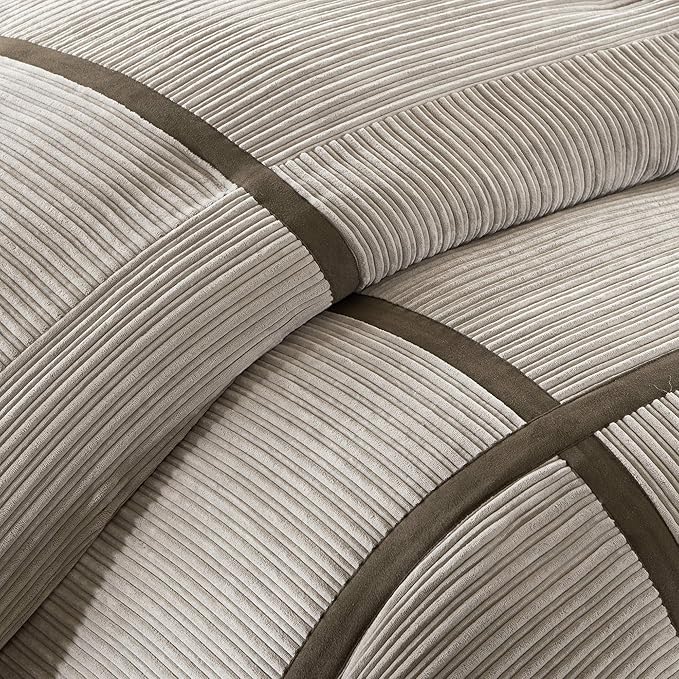 Madison Park Cozy Comforter Set Casual Blocks Design All Season, Matching Bed Skirt, Decorative Pillows, Queen(90"x90"), Dallas Corduroy, Taupe Brown, 7 Piece