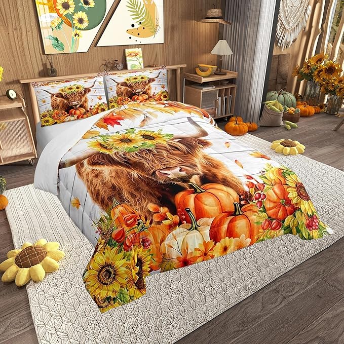 Highland Cattle 3 Pcs Queen Size Comforter Set,Sunflower Pumpkin Maple Leaf Down Alternative Adults Bedroom Decor,Autumn Theme Ultra Soft Microfiber Inner Fill 3Pcs Bedding