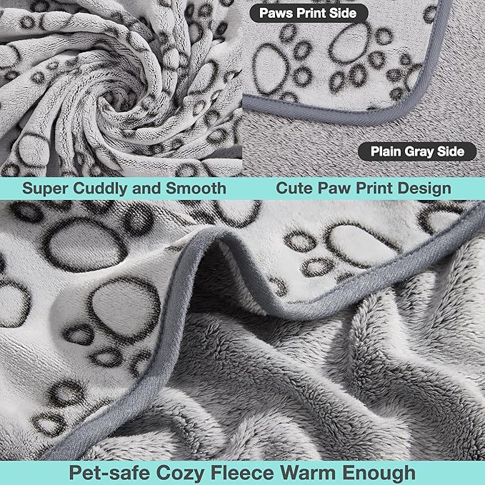 Stuffed 3 Pcs Soft Dog Blankets for Small Dogs Newborn, Washable Puppy Blanket for Cat Kitten Essentials, 24 * 16 Inches, Grey Cute Paw Print