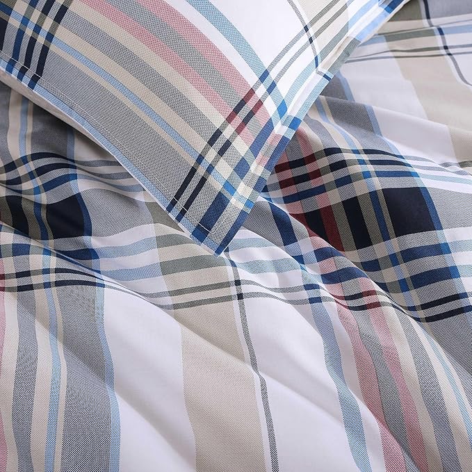 Tommy Hilfiger - Twin/Twin XL Comforter Set, Cotton Textured Bedding with Matching Sham, Medium Weight Bed Set, Oeko-TEX Certified (Waterbury Plaid Blue)