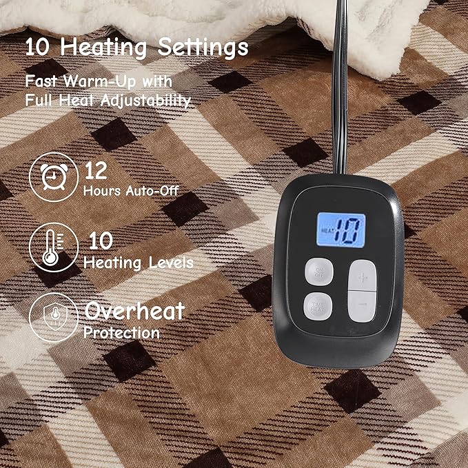 Electric Heated Blanket Full Size 72"x84", Soft Flannel with Overheat Protection, 10 Adjustable Heat Settings & 12-Hour Auto-Off Timer, Fast Heating for Winter Comfort, Brown Plaid