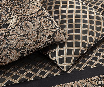 Chezmoi Collection 7-Piece Black/Gold Diamond Floral Medallion Jacquard Woven Comforter Set, Oversized King