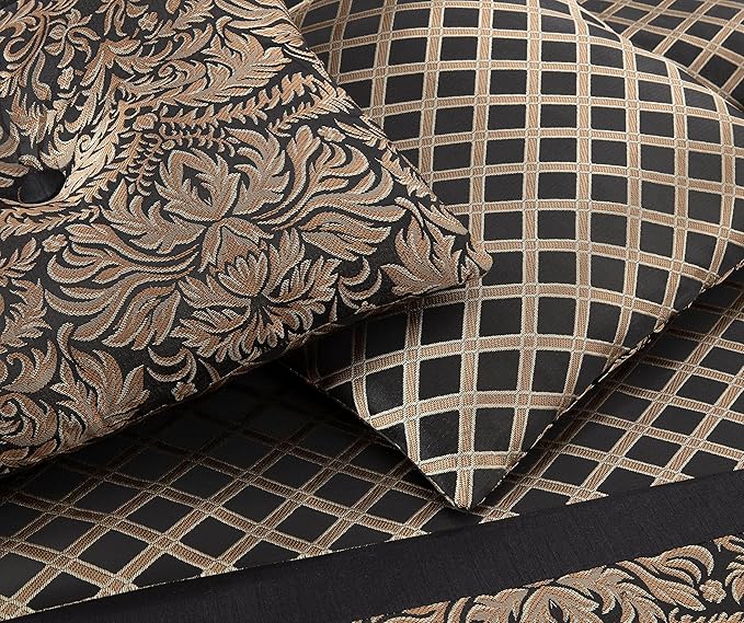Chezmoi Collection 7-Piece Black/Gold Diamond Floral Medallion Jacquard Woven Comforter Set, Queen