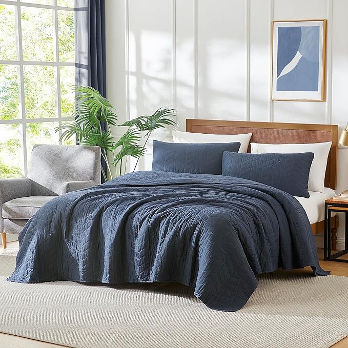 palassio Navy Blue Cotton Quilt King Size Bedding Sets with Pillow Shams, Lightweight Soft Bedspread Coverlet, Quilted Comforter Bed Cover for All Season, 3 Pieces, 106x96 inches