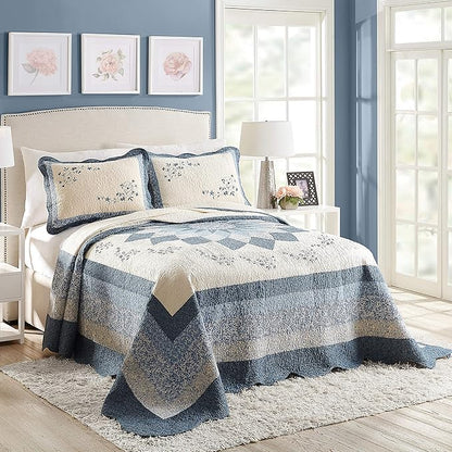 Modern Heirloom Blue Floral Embroidered Quilted Bedspread - Lightweight Breathable All Seasons Bedding, Full Size