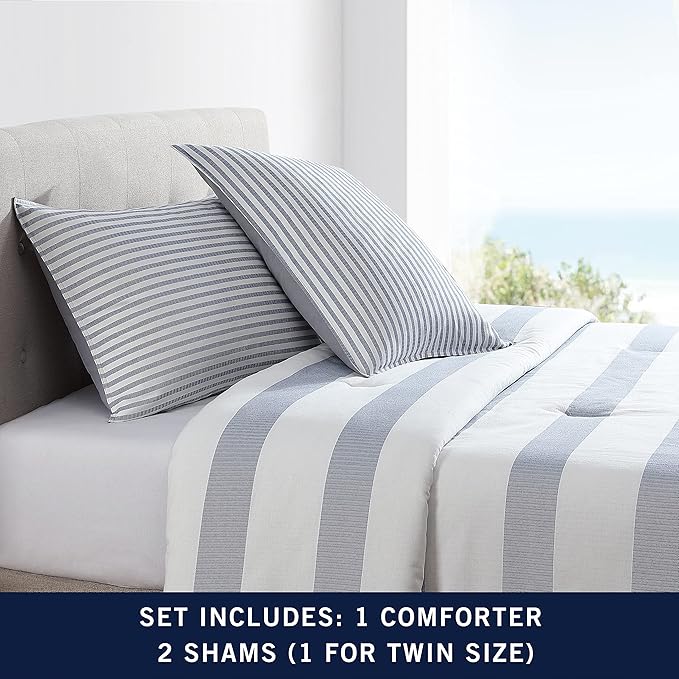 Nautica - Twin Comforter Set, Reversible Cotton Bedding with Matching Sham, Medium-Weight, Dorm Essentials, Oeko-Tex Certified (Fairwater Blue)