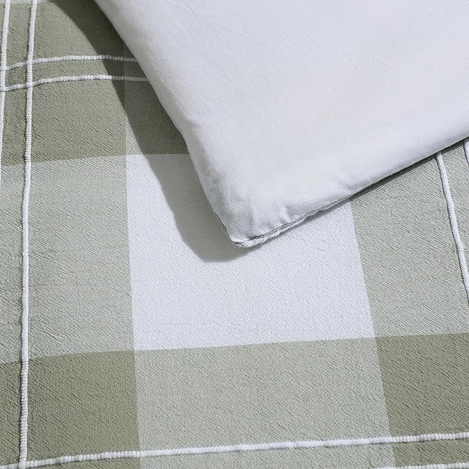 Eddie Bauer - Full/Queen Comforter Set, Premium Cotton Embroidered Bedding with Matching Sham(s), Plaid Bedding Set (Mountain Embroidery Plaid Green, Full/Queen)