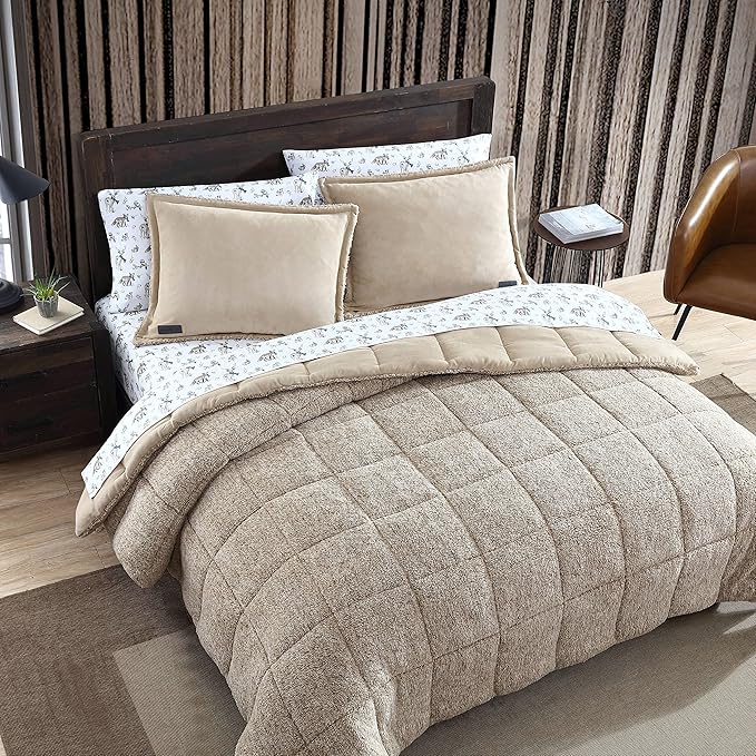 Eddie Bauer - King Comforter Set, Microsuede Bedding with Soft Sherpa Reverse, 3 Piece Bed Set with Matching Pillowcases (Sherwood Brown)