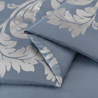 Chezmoi Collection Royale 7-Piece Jacquard Floral Comforter Set, California King, Grayish Blue/Gray