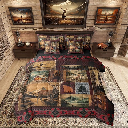 Erosebridal Patchwork Cabin Lodge Bedding Set Twin 7 Pcs,Bear Deer Hunting Bed in a Bag with Flat Fitted Sheet,Boho Exotic Comforter Set with Pillowcase and Sham,Woodland Animal Bed Sheets Set