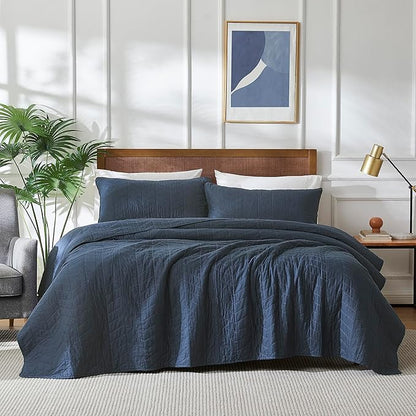 palassio Navy Blue Cotton Quilt King Size Bedding Sets with Pillow Shams, Lightweight Soft Bedspread Coverlet, Quilted Comforter Bed Cover for All Season, 3 Pieces, 106x96 inches