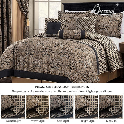 Chezmoi Collection 7-Piece Black/Gold Diamond Floral Medallion Jacquard Woven Comforter Set, King