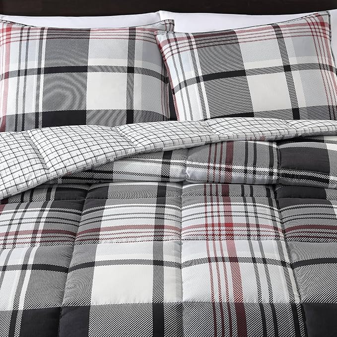 Eddie Bauer- Queen Comforter Set, Reversible Microsuede Bedding with Matching Sham(s), Casual Home Decor (Normandy Plaid Black, Queen)
