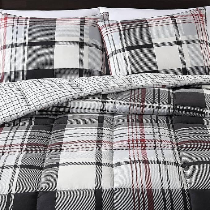 Eddie Bauer- King Comforter Set, Reversible Microsuede Bedding with Matching Sham(s), Casual Home Decor (Normandy Plaid Black, King)