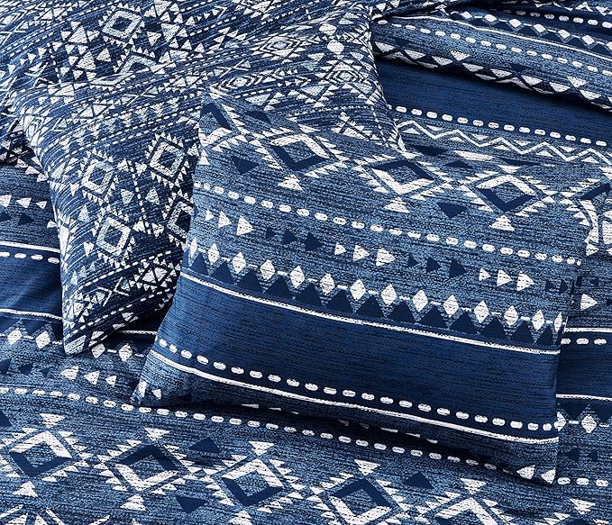 Geniospin Queen Comforter Set - 7 Pieces Comforters Queen Size, Warm Fluffy Boho Bedding Sets for All Seasons, Bed in a Bag with Flat Sheet and Fitted Sheet, Pillowcase & Sham (Blue, 90''x90'')
